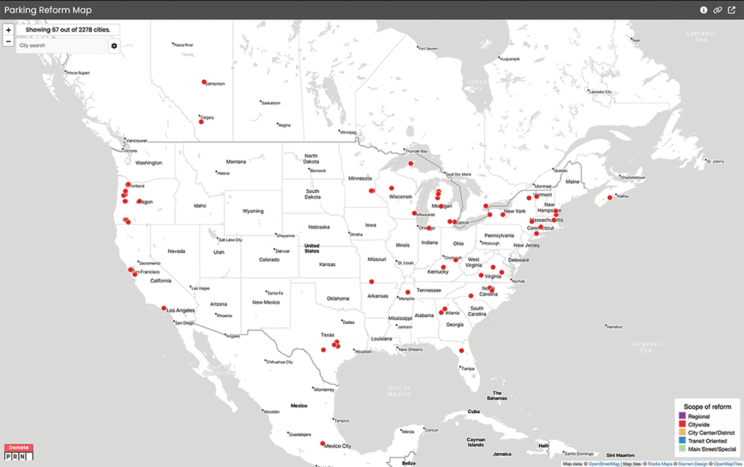 map of North American shows dozens of red dots to represent cities where parking reforms have been instituted