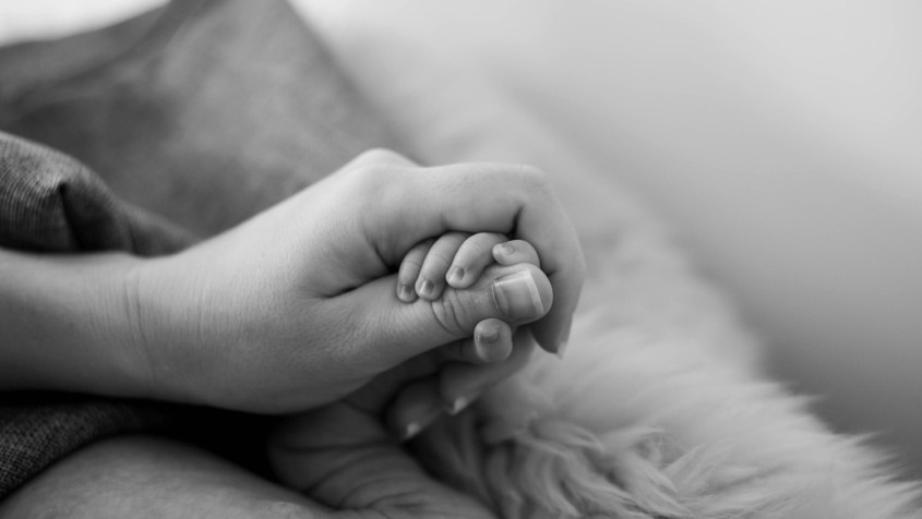 adult hand holding baby's hand
