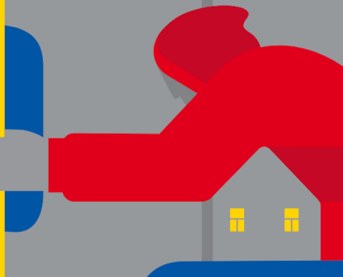 illustration showing transit rider with depiction of a house