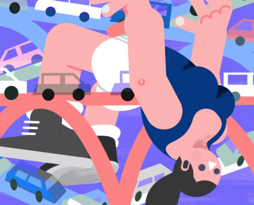 illustration of gymnast set against freeway traffic