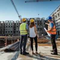 People working on construction site, wearing protective equipment and discussing next construction phase