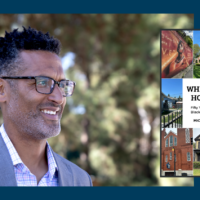 headshot of man with glasses next to cover of book