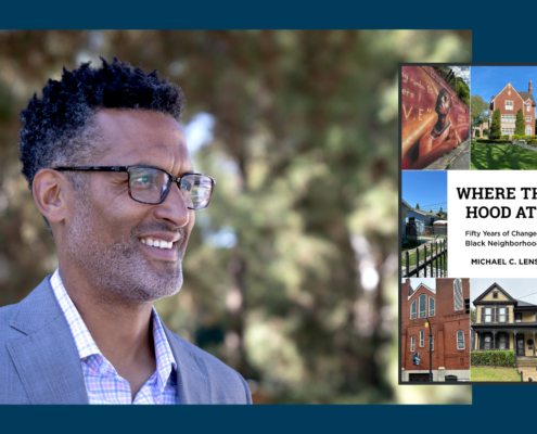 headshot of man with glasses next to cover of book