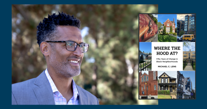 headshot of man with glasses next to cover of book