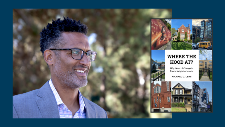 headshot of man with glasses next to cover of book