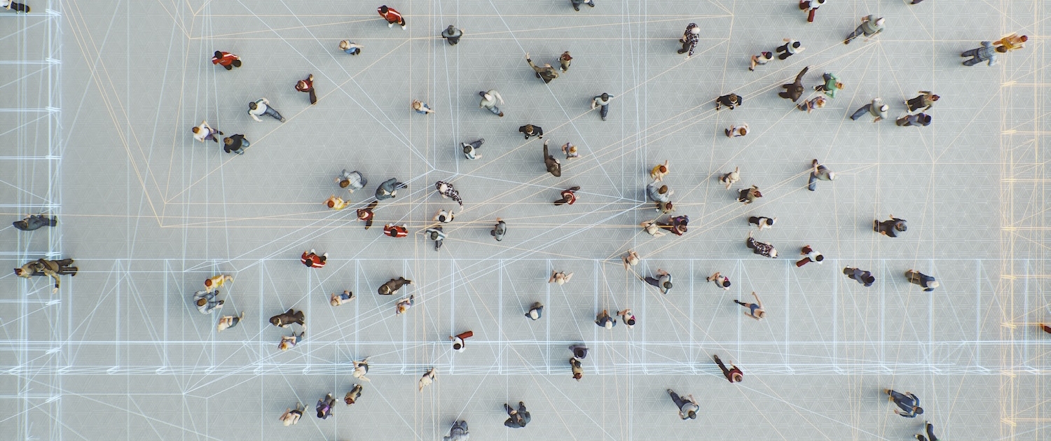 Abstract crowds of people with virtual reality street display.