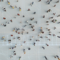 Abstract crowds of people with virtual reality street display.