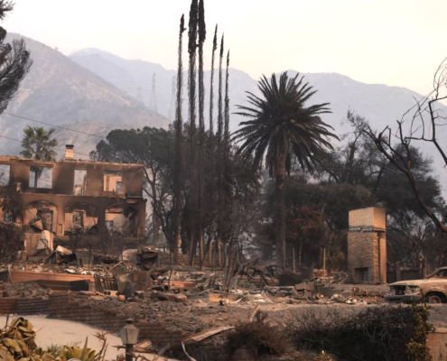 burned-out structure near mountains