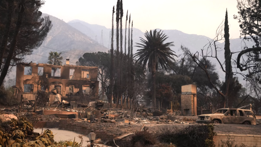 burned-out structure near mountains