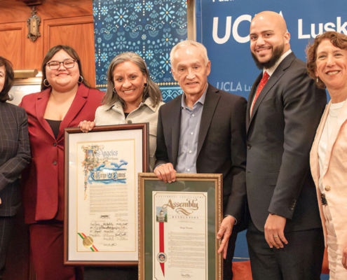 L-R: Anastasia Loukaitou-Sideris, interim dean of the Luskin School of Public Affairs, L.A. City Council memeber Eunisses Hernandez, Jorge Ramos, author and journalist, Amada Armenta, associate faculty director of the Latino Policy and Politics Institute, Assemblymember Isaac Bryan and Cecilia Estolano gather as Ramos is honored by the city of Los Angeles and the State of California
