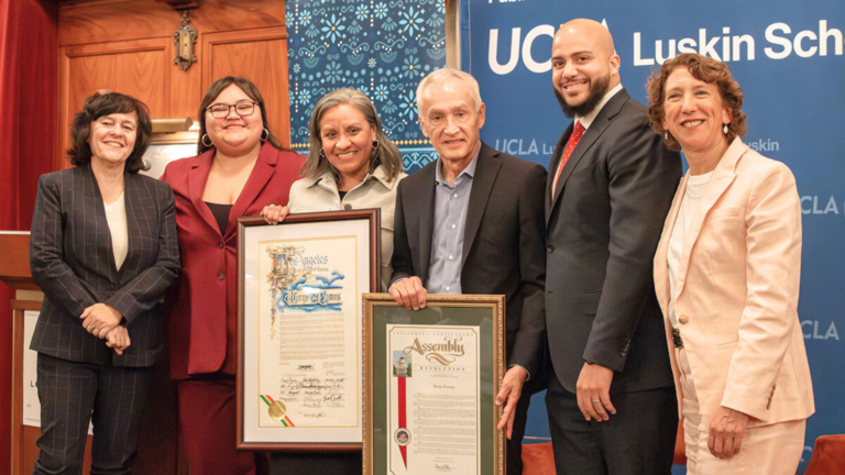 L-R: Anastasia Loukaitou-Sideris, interim dean of the Luskin School of Public Affairs, L.A. City Council memeber Eunisses Hernandez, Jorge Ramos, author and journalist, Amada Armenta, associate faculty director of the Latino Policy and Politics Institute, Assemblymember Isaac Bryan and Cecilia Estolano gather as Ramos is honored by the city of Los Angeles and the State of California
