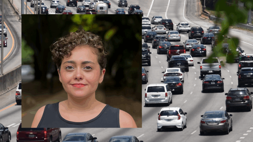 A headshot of a young man overlay a photo of cars driving on a highway. Alejandra Rios Gutierrez is a MURP graduate who received an award from the American Planners Association for her capstone project on transportation equality.