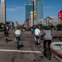 Deacon John Roberts of Father Joe’s Villages leads a weekly bicycle ride with the unhoused and volunteers in downtown San Diego.Photographer: Ariana Drehsler/Bloomberg