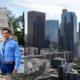 Headshot of masters of social work student Francisco Villarruel overlay a cityscape shot of Downtown Los Angeles
