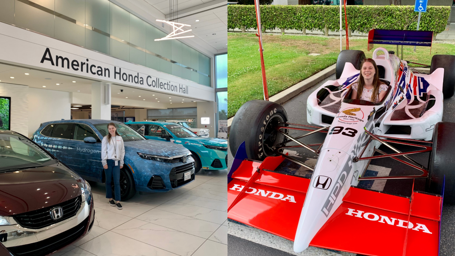 Jennifer Gorman on the left stands in a Honda Car dealership. Second photo on the right she is in a Honda racecar.|Jennifer Gorman is a masters in public policy student who had an internship at Honda motors this summer. She is pictured on the left in the Honda car dealership and on the right in a drivers seat of a Honda race car.