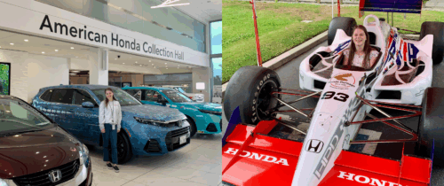 Jennifer Gorman on the left stands in a Honda Car dealership. Second photo on the right she is in a Honda racecar.