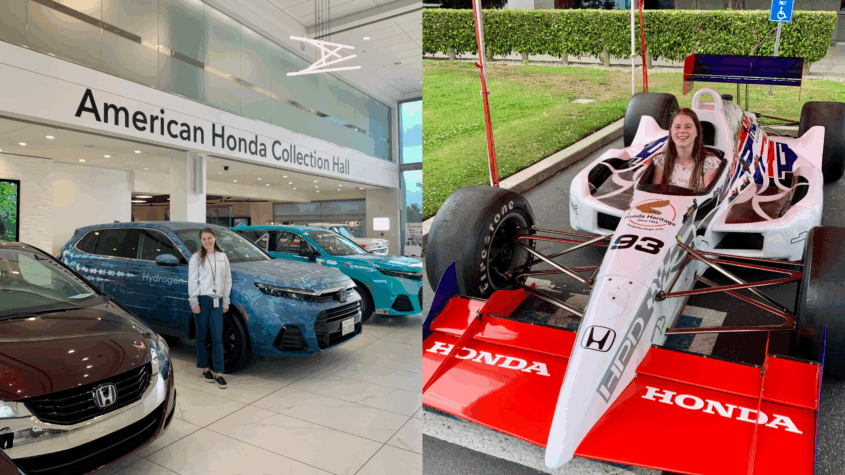 Jennifer Gorman on the left stands in a Honda Car dealership. Second photo on the right she is in a Honda racecar.