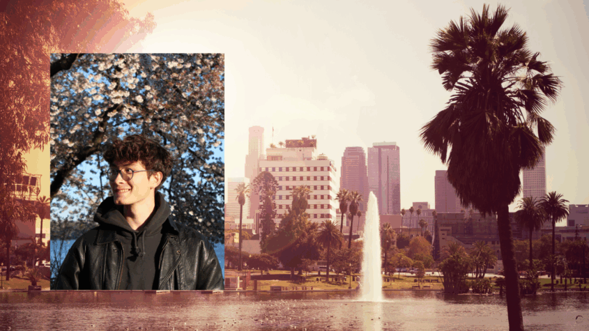 headshot of Masters in urban and regional planning student Paul Louboutin overlay a shot of macarthur park and the lake.
