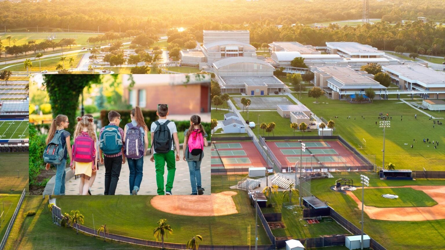 Photo a shot of students walking to school wearing backpacks, over an aerial shot of a large school campus with football fields