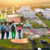 Photo a shot of students walking to school wearing backpacks, over an aerial shot of a large school campus with football fields