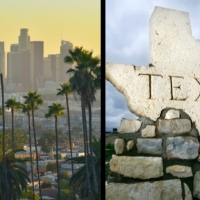 California vs Texas Comparison CNK report on the left a photo of the skyscrapers in downtown los angeles with palm trees in the foreground, on the right a photo of the large piece of stone carved into the shape of the state of texas.