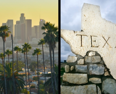 on the left a photo of the skyscrapers in downtown los angeles with palm trees in the foreground, on the right a photo of the large piece of stone carved into the shape of the state of texas.
