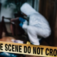 Crime scene yellow tape in the forefront with a detective in a white suit examining something on the ground in a forested area.