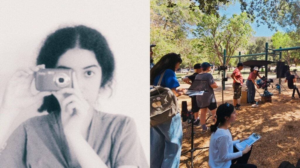 On the left is a headshot of Mehra holding a camera in front of her left eye, obstructing her face, this is a black and white photo. On the right, is a photo of her on a tv or movie set.