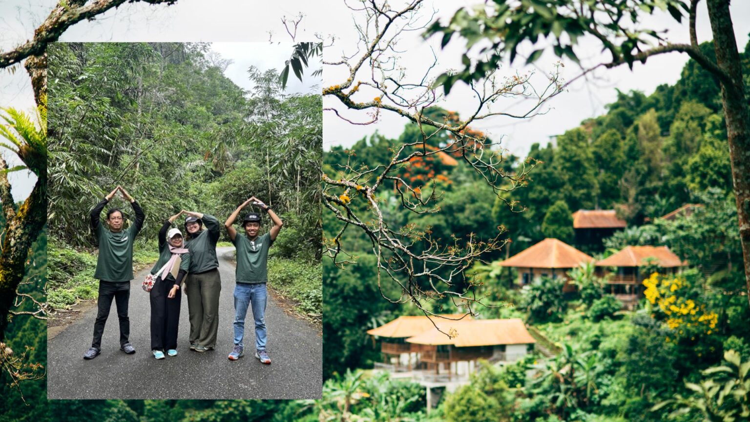 Anastasia stand with her 3 colleagues in Bamboo Village Trust (BVT), a Bali-based NGO on a dirt road in the forest.