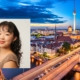 headshot of student Fiona Lu over cityscape photo of Berlin