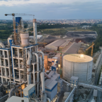 Aerial shot of a refinery in the evening