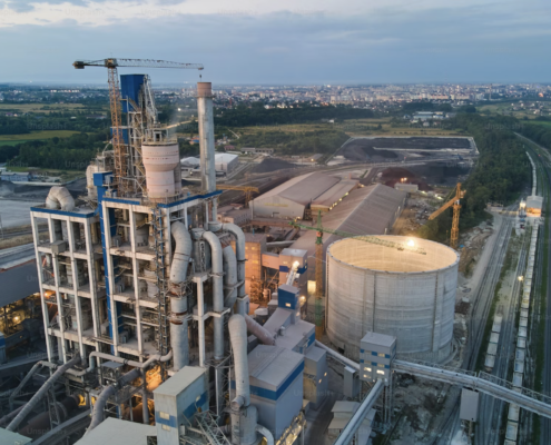 Aerial shot of a refinery in the evening