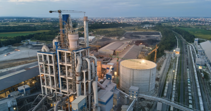Aerial shot of a refinery in the evening