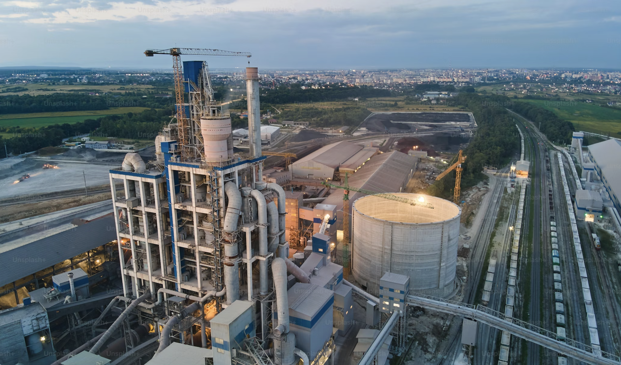Aerial shot of a refinery in the evening