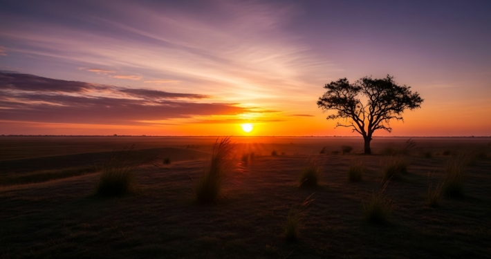 African desert landscape shot shows sunset in the background/