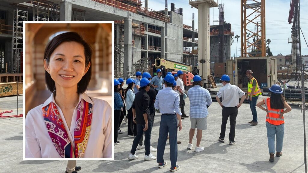 A group of UCLA's masters in real estate students on a tour during a construction site visit, headshot of Diana Liu real estate development student overlay on the left|Group of students at a construction site doing a tour, with a headshot of Diana Liu MRED student on the left overlay||Headshot of Diana Liu in front of Royce Hall|