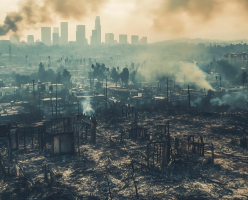 Aerial shot of an entire community burned to the ground with the cityscape of los angeles in the background, there is smoke and ash and soot.