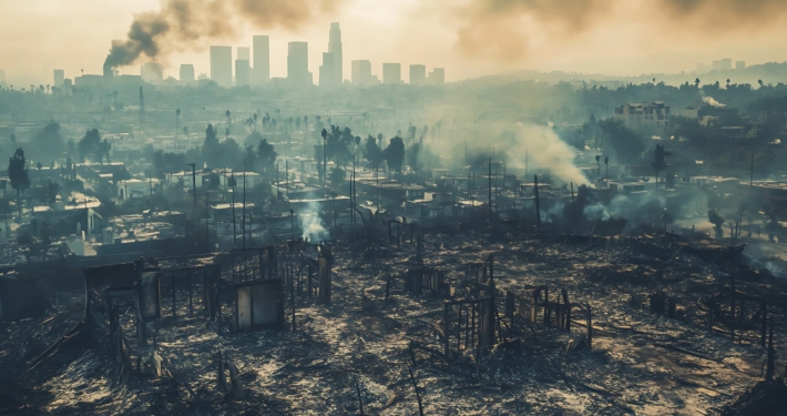 Aerial shot of an entire community burned to the ground with the cityscape of los angeles in the background, there is smoke and ash and soot.