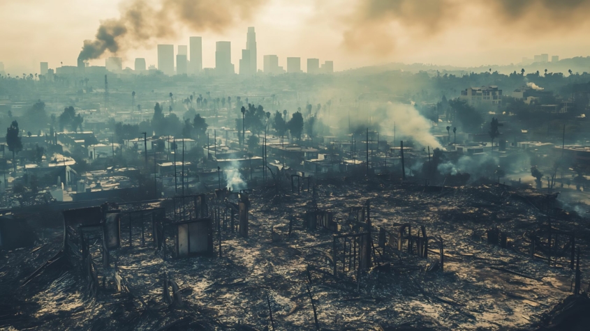 Aerial shot of an entire community burned to the ground with the cityscape of los angeles in the background, there is smoke and ash and soot.