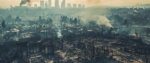 Photo of burned up homes and smoke billowing in the distance with city landscape in the background.
