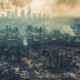 Photo of burned up homes and smoke billowing in the distance with city landscape in the background.