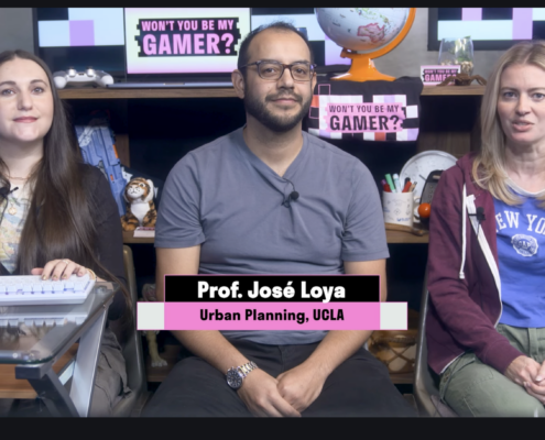 Assistant Professor José Loya sits between the two hosts of PBS SoCal’s Won’t You Be My Gamer? during the show’s gameplay and discussion.