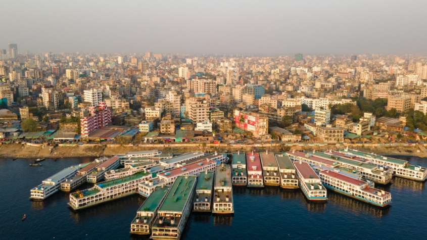 Aerial View of Sadarghat Launch Terminal Dhaka Bangladesh. Dhaka City Skyline