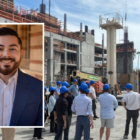Francisco Castaneda MRED Student headshot of Francisco Castaneda a masters in real estate student overlay a wide angle shot of the MRED students at a construction site tour.