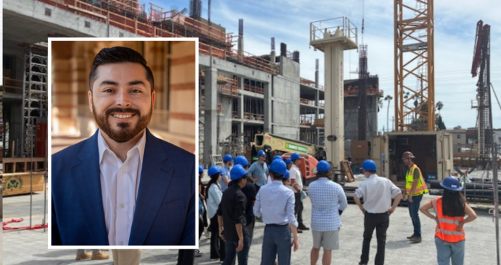 headshot of Francisco Castaneda a masters in real estate student overlay a wide angle shot of the MRED students at a construction site tour.