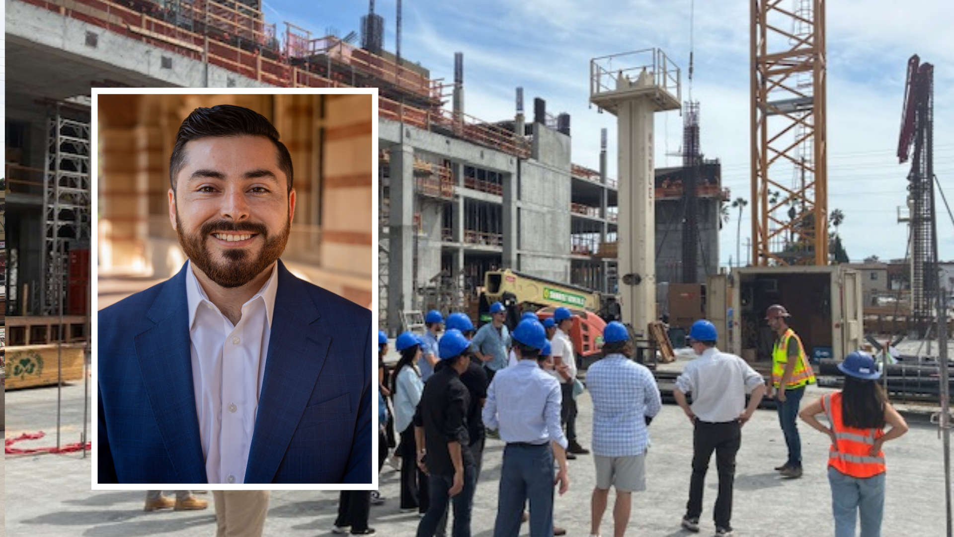 headshot of Francisco Castaneda a masters in real estate student overlay a wide angle shot of the MRED students at a construction site tour.