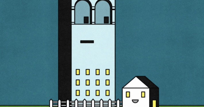 illustration of large house next to small house