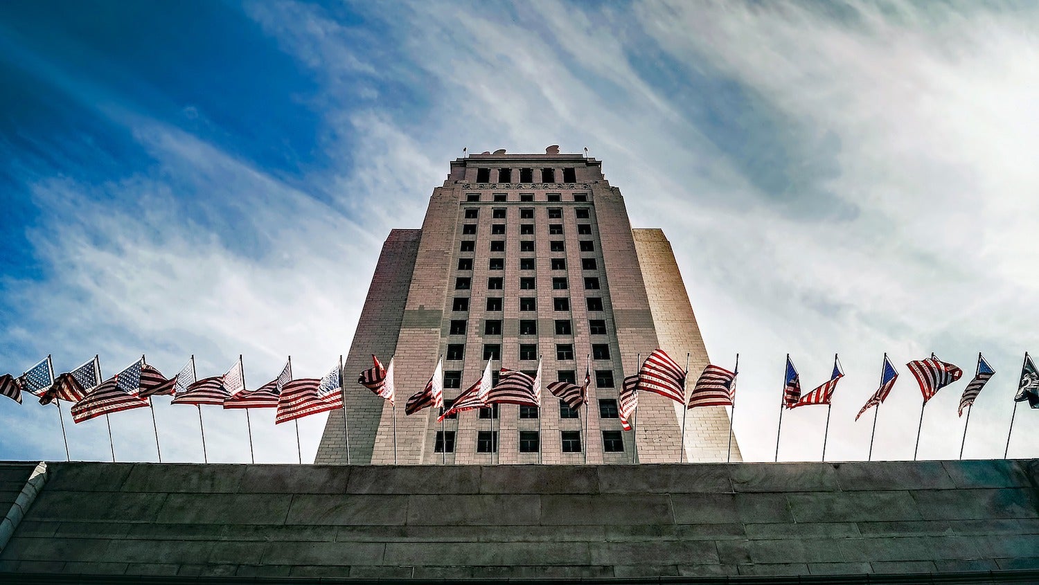 U.S. flags in front of L.A. City Hall