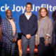 Panelists from the Luskin Lecture on February 25 at the UCLA Nimoy Theater with Michael Harriot, Michael Lens, and Safiya Noble stand on center stage to pose for a group photo.