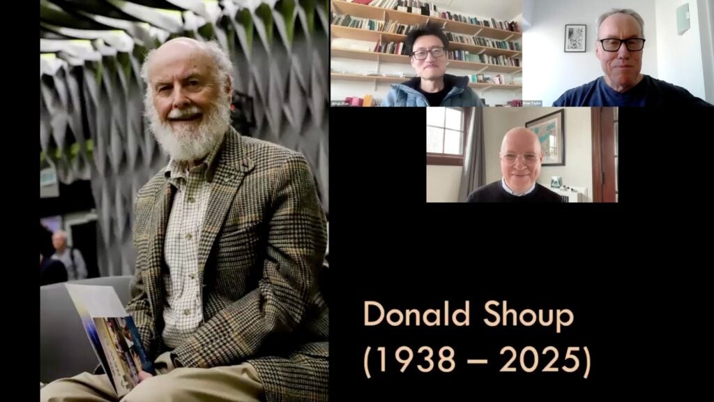 Portrait of Donald Shoup on the left with a screen capture of the 3 panelists (host of MIT Mobility Forum, Brian Taylor, and author Daniel Heiss) during their panel discussion on recent episode of the MIT Mobility Forum.